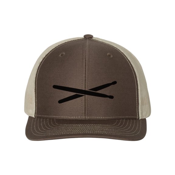 Drummer Hat, Drum Sticks, Drumming Hat, Percussion, Trucker Hat, Gift For Drummer, Gift For Him, Adjustable, Musician, Music, Black Text, Brown/Khaki