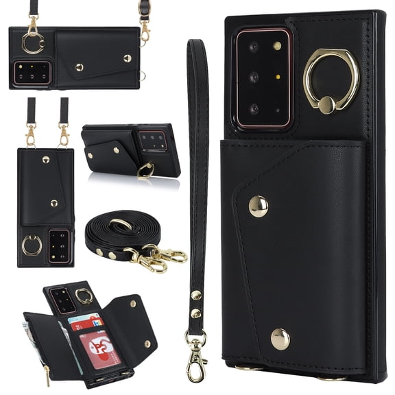 Crossbody Strap Wallet Case for Samsung Galaxy Note 20 Ultra with Wrist Strap, 360° Rotating Ring Kickstand & Card Holder PU Leather Purse Magnetic Snap Zipper Case Cover for Note 20 Ultra, Black