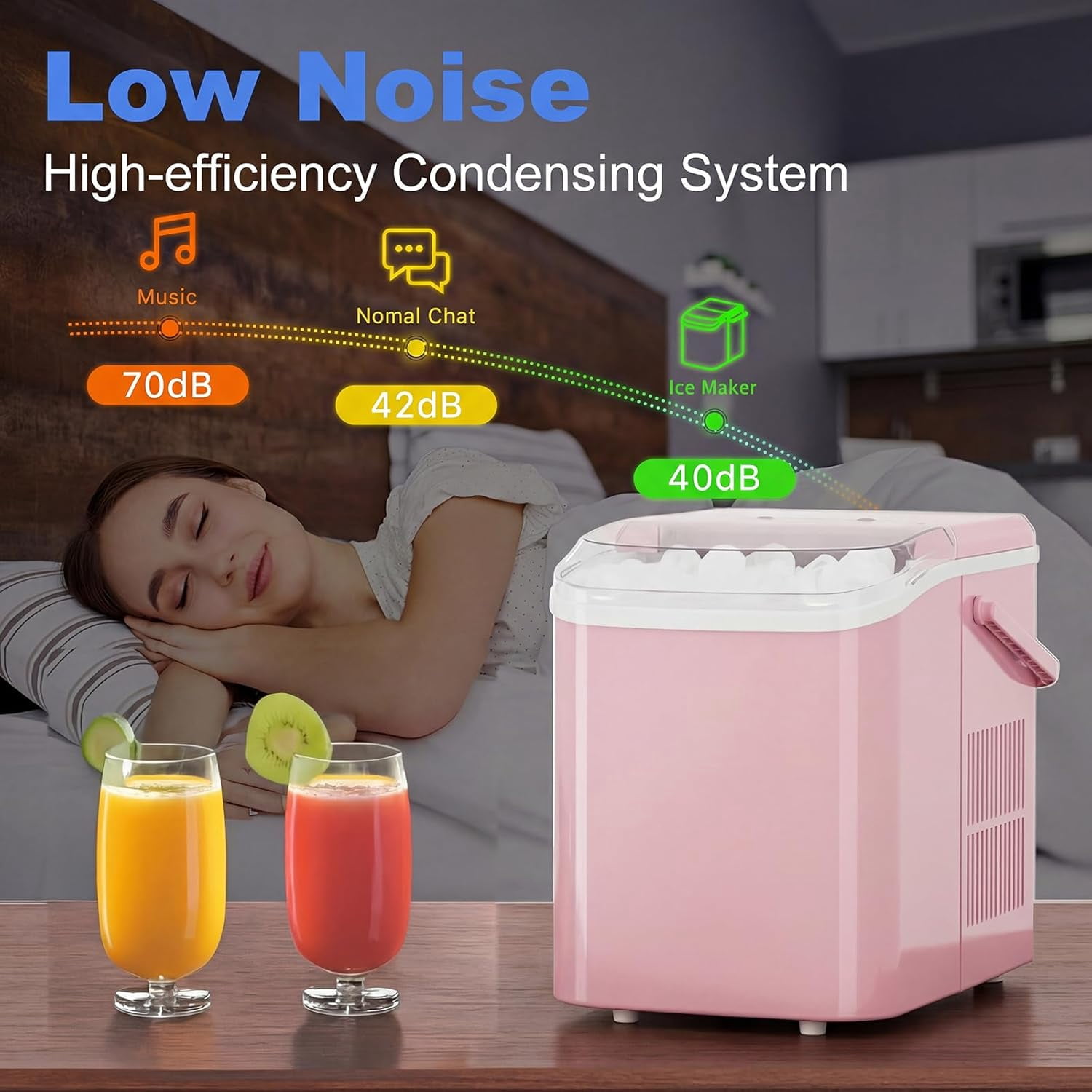 Portable Ice Maker Countertop, 9 Bullet Ice Cubes in 6 Mins, 26lbs/Day, Self-Cleaning, 1.5L Tank, Pink