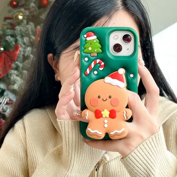 Suitable for iPhone 16 Pro Max 17 Pro 3D Christmas gingerbread man stand shell cartoon silicone soft phone case