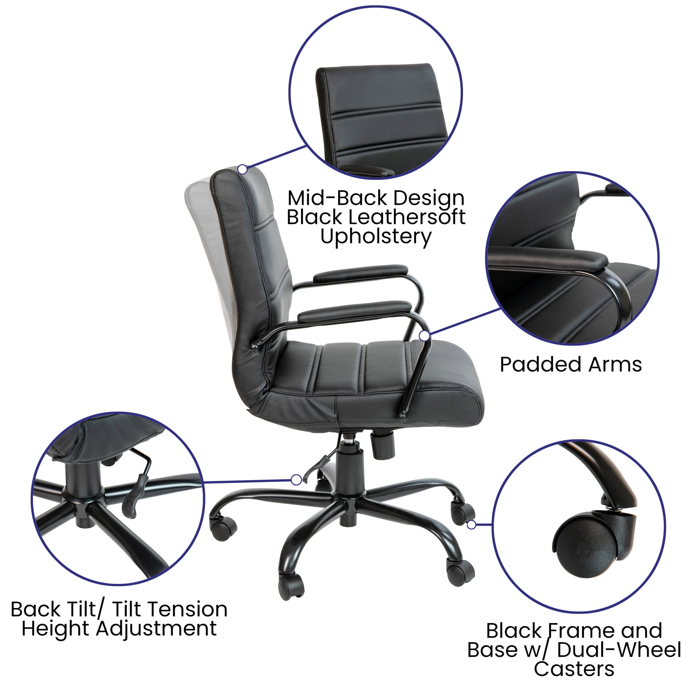 Flash Furniture Whitney Mid-Back Swivel LeatherSoft Desk Chair with Armrests, Black