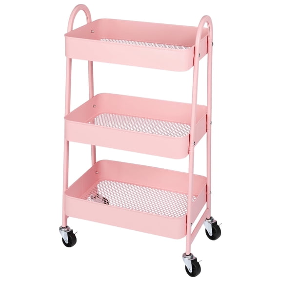 MCQ 3 Tier Metal Rolling Storage Cart,  Mobile Shelving Unit Organizer  with Lockable Wheels for Office, Bathroom, Kitchen, Laundry Room, Pink