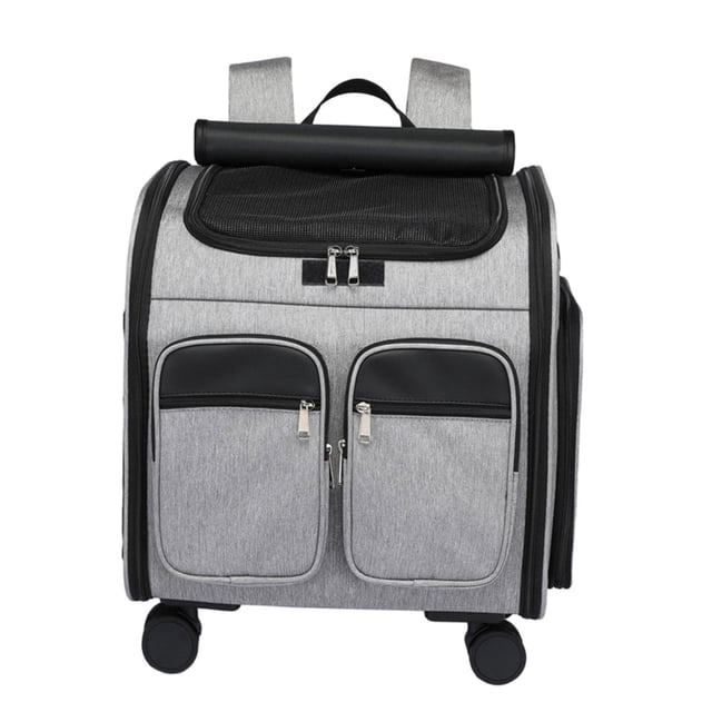 transportín de viaje para gato con ruedas, carrito portátil para mascotas, malla transpirable para cachorros, perros pequeños, que viajan y caminan al gris mochila-carrito gris vista frontal con panel superior de malla ventilada y apertura lateral; dos bolsillos frontales con cremalleras, asas acolchadas y correas ajustables, base con ruedas giratorias de movimiento silencioso, tela Oxford gris con detalles negros, medidas 41 x 30 x 43 cm, apto para gatos, cachorros y animales pequeños, también suele usarse como carrito portátil para paseos y viajes.