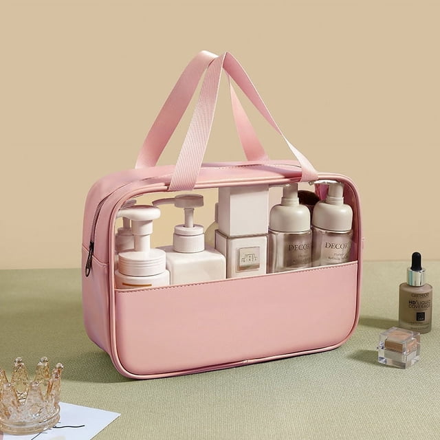 Bolsa de cosméticos con empalme de PU, bolsa de lavado impermeable transparente de PVC, bolso de mano portátil de viaje, bolsa de almacenamiento de baño de gran capacidad