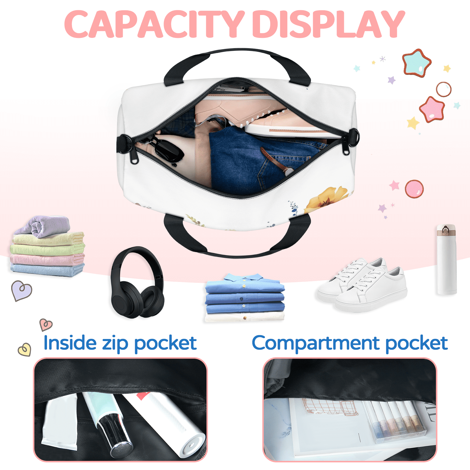 Herdesigns Wildflowers Gym Bag for Women, Duffle Bag for Travel Sport, Lightweight Waterproof Carry on Weekender Overnight Dance Yoga Workout Bags