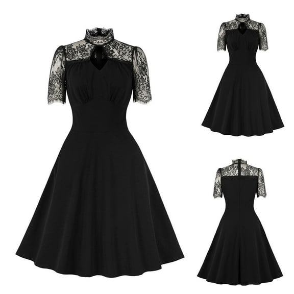 Mrasaso Deals Of The Day! Slip Dress,Women's Round Neck Lace Little Black Dress Solid Color Short Sleeves High Waist Formal Dress,Classic & Elegant for Formal OccasionsBlack L