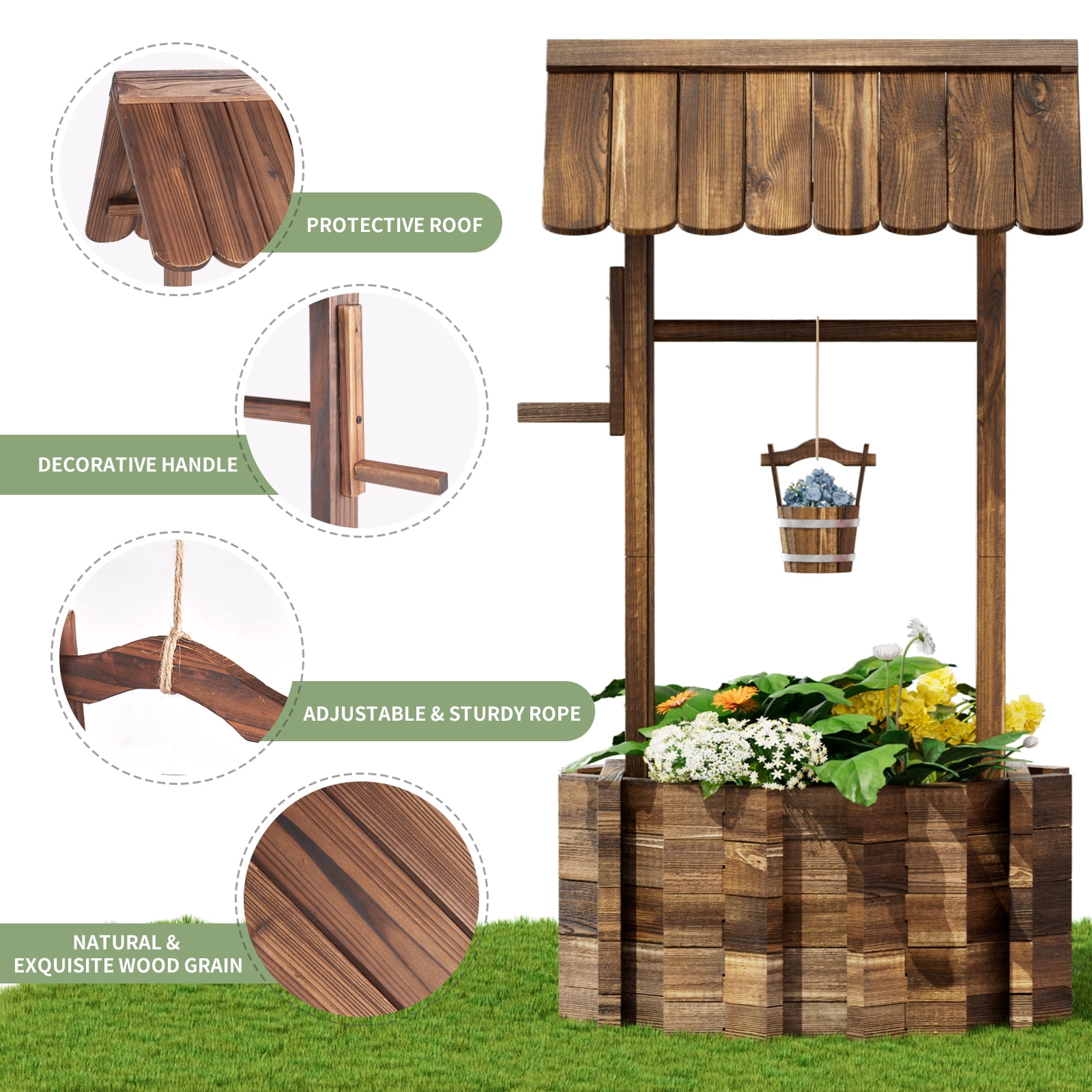 BaPiPro 25" Big Wishing Well Planter, Wooden Garden Flower Planter with Hanging Bucket, Patio Garden Backyard Home Decor, Rustic Brown