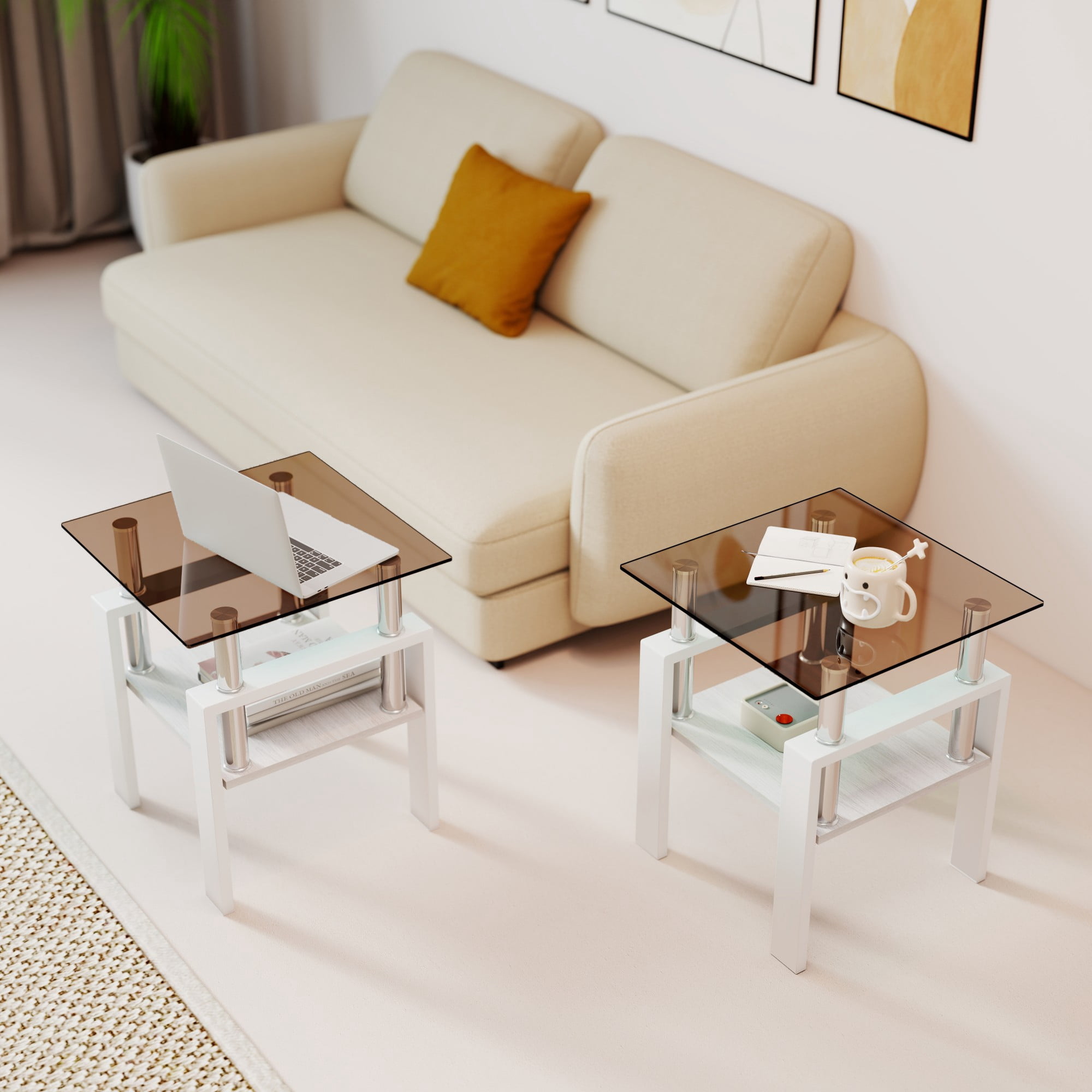 Euroco Set of 2 Modern Tempered Glass Tea Table ,Tempered Glass Tabletop with MDF Layer,Coffee Table,End Table, Square Table for Living Room, Brown/white