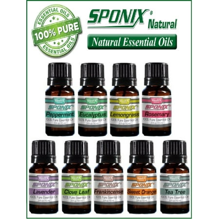 Essential Natural - Aromatherapy Sponix Top 9 Essential Oils 10 ml - Therapeutic Grade - 100% Pure & Natural (Peppermint, Eucalyptus, Lemongrass, Rosemary, Lavender, Clove Leaf, Frankincense, Sweet Orange, Tea Tree)