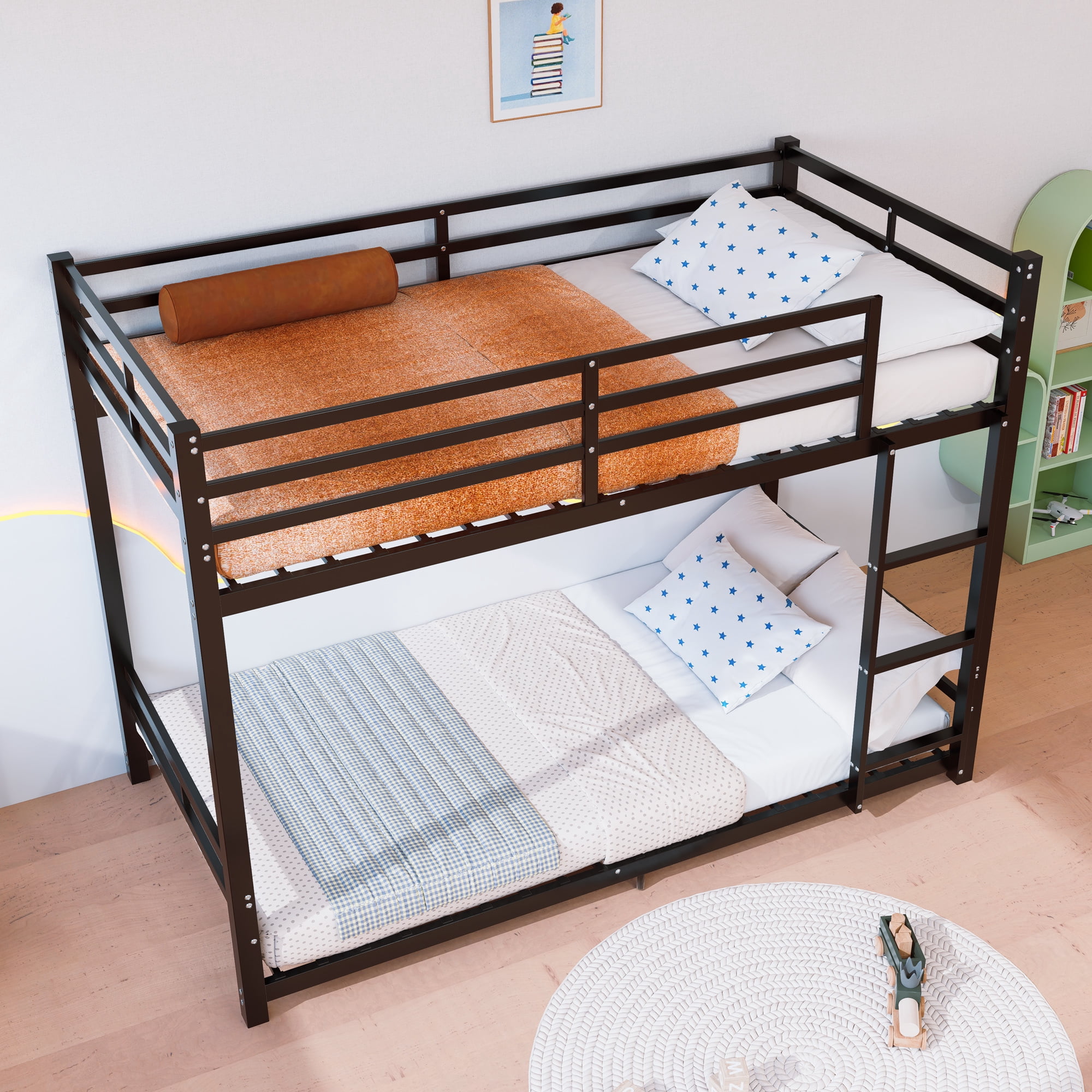 Leumius Metal Twin Over Twin Bunk Bed with Ladder and High Guardrail, Heavy-Duty Metal Slats Support, Noise Free, No Box Spring Needed, for Kids and Juniors,Black