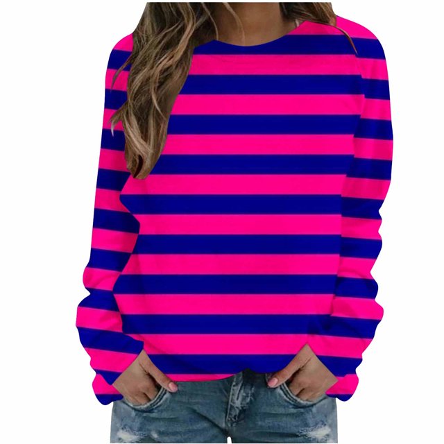 Hauts à Manches Longues Automne 2024 pour Femmes, Sweat à Capuche Rayé Col Rond Décontracté Manches Longues P-129 Rose Vif-A m