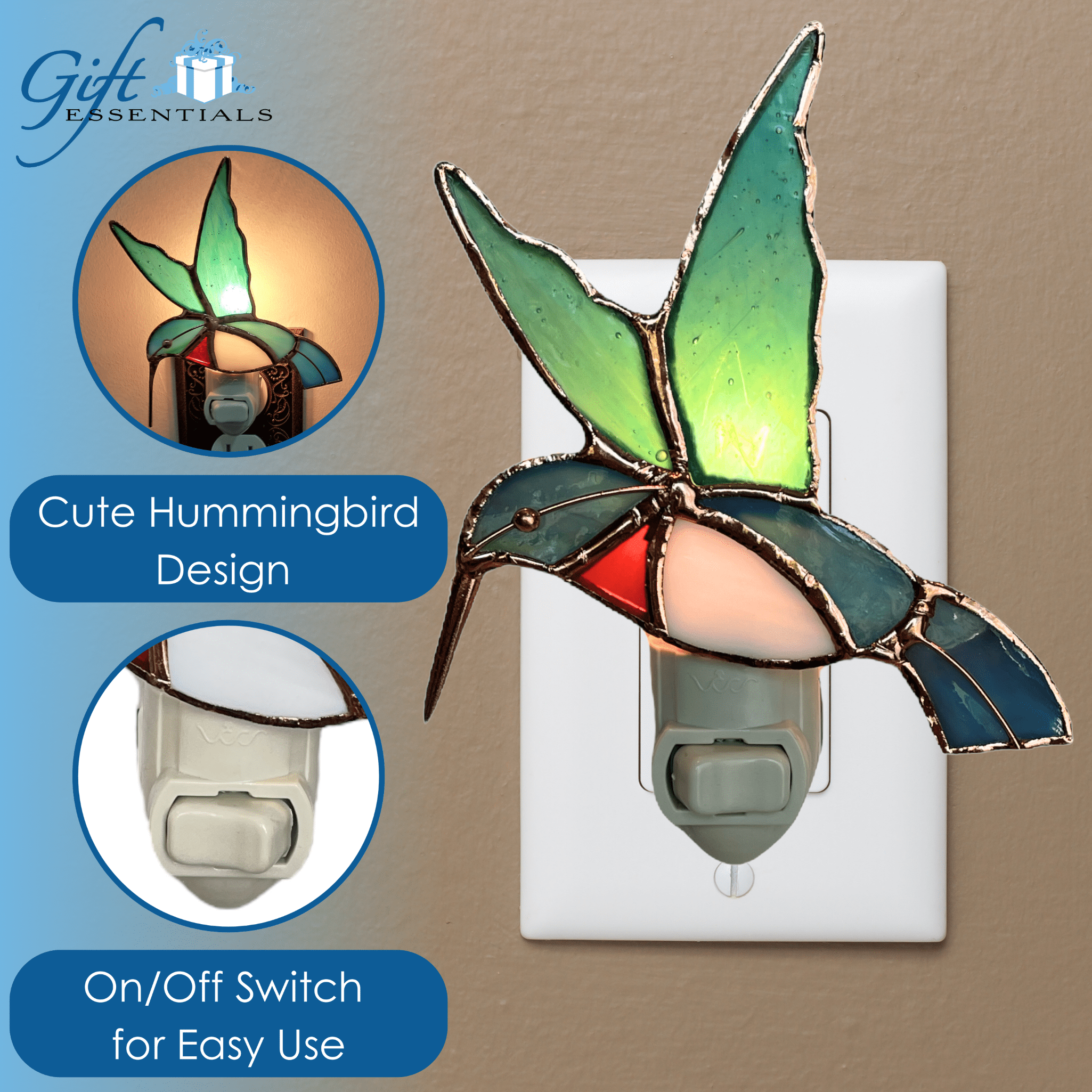 Gift Essentials Hummingbird Night Light Stained Glass Nightlight Blue Incandescent Light Bulb