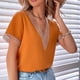 thumbnail image 3 of Camisa de mujer con cuello en V, manga corta, encaje guipur, blusa informal de poliéster para oficina en casa, 3 of 6