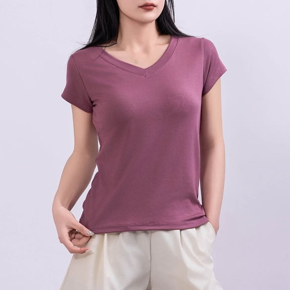 Aimik Women's Basic Fitted T-Shirt Summer Solid Color V Neck Short Sleeve Slim Daily Tees Soft Stretchy Casual Tee Tops