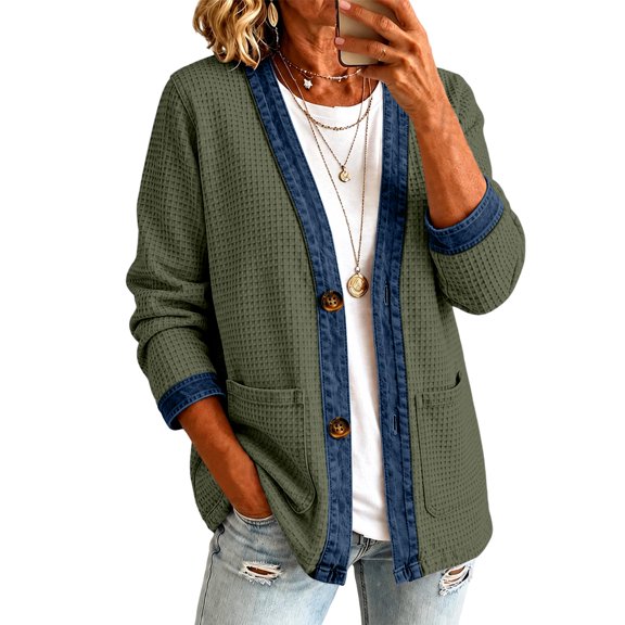 Stralyhd Jean Jacket Women Long Sleeve 2026 Autumn Casual Denim Jacket Short Waffle Jean Coats Light Button Down Cardigan with Pockets Dark Green XXL