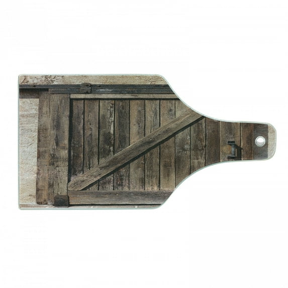 Rustic Cutting Board, Aged Sliding Door Weathered Texture Vintage Style Architectural Rural Print, Decorative Tempered Glass Cutting and Serving Board, Wine Bottle Shape, Brown, by Ambesonne