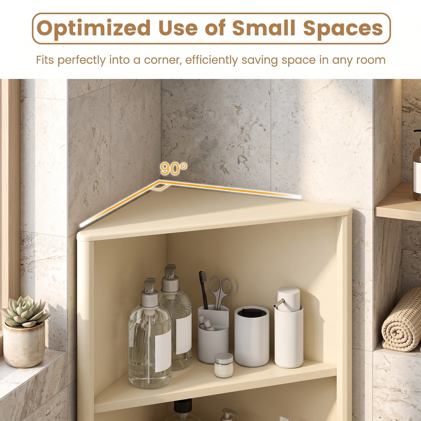Fenbeli 68 Inch Tall Corner Cabinet, Freestanding Bathroom Storage Cabinet with 5 Shelves, 2 Fluted Doors, Adjustable Shelf and Anti-Tipping Kit for Living Room, Beige