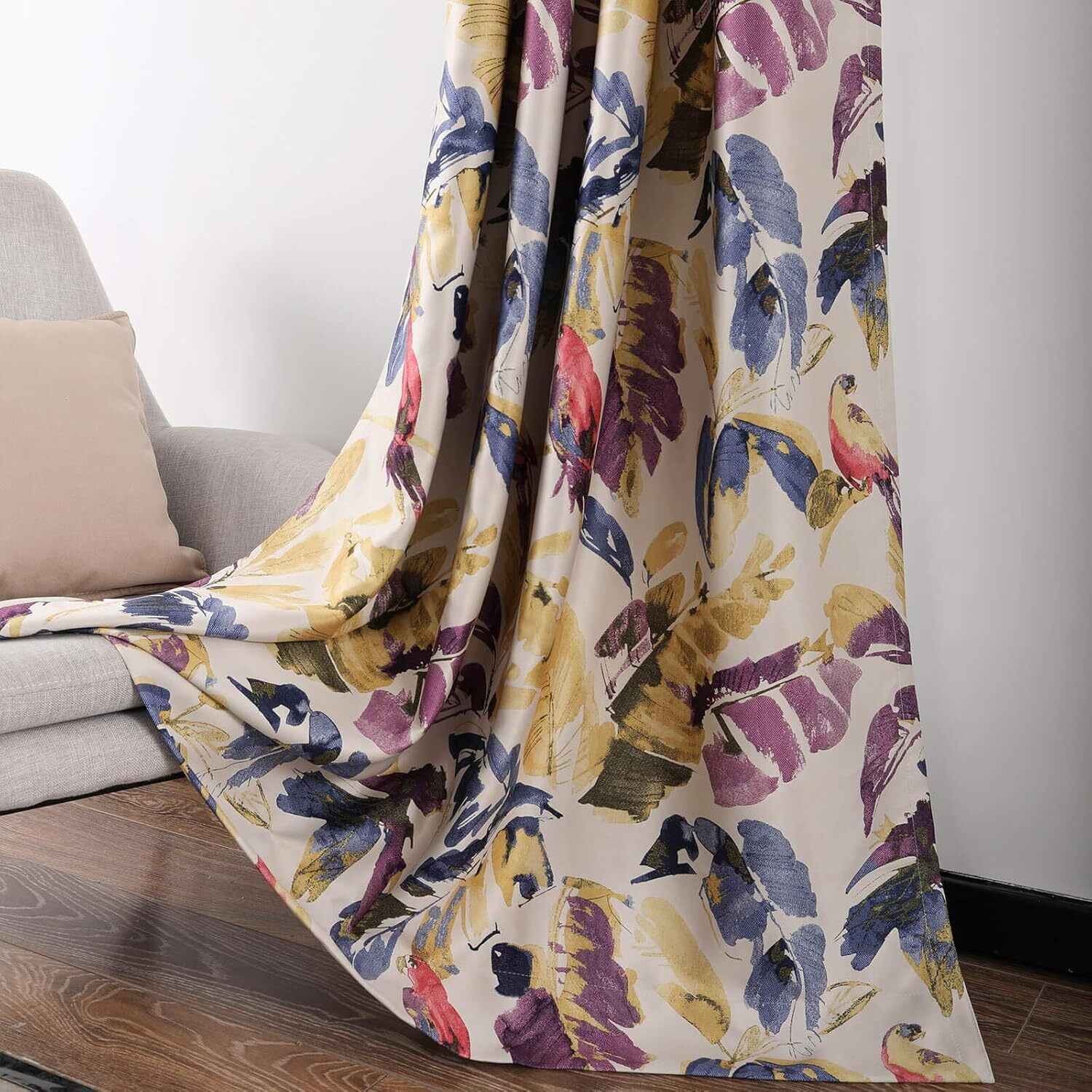 VOGOL Blackout Heavyweight Curtains for Sliding Door, Purple Macaw & Plant Print Window Treatment Drapes for Bedroom Decor, 2 Panels, 52 x 84, Grommet