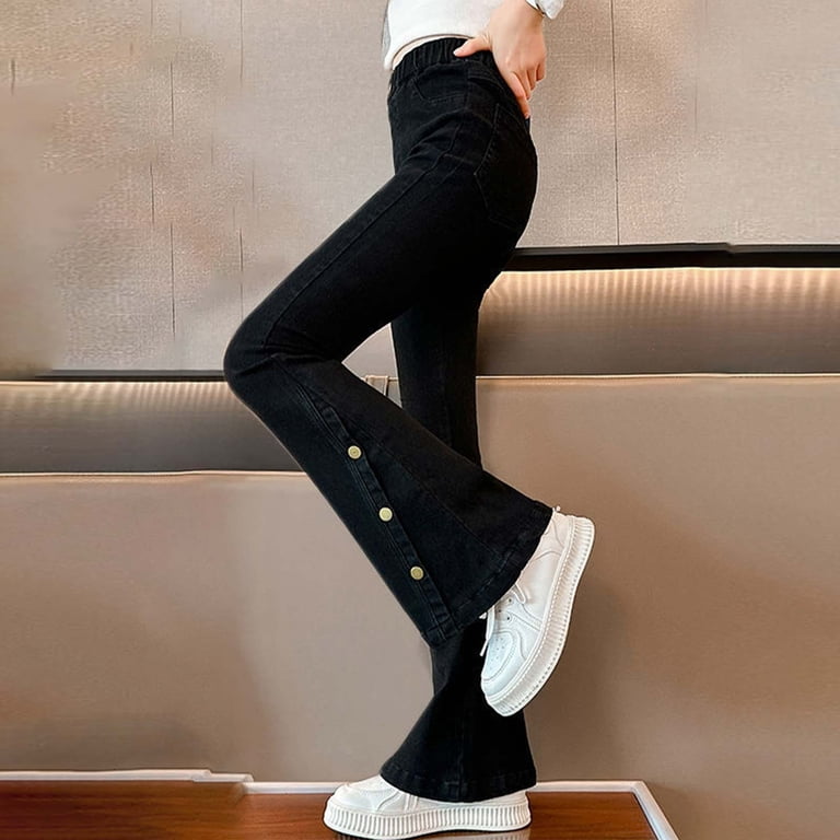 QIUOMBBP Buttoned Hem Flare Jeans for Girls High Elastic Waist 