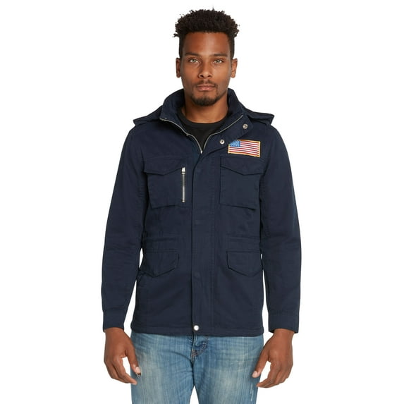 9 Crowns Men's Stand Collar USA American Flag Front Zip Utility Jacket (Navy, Small)