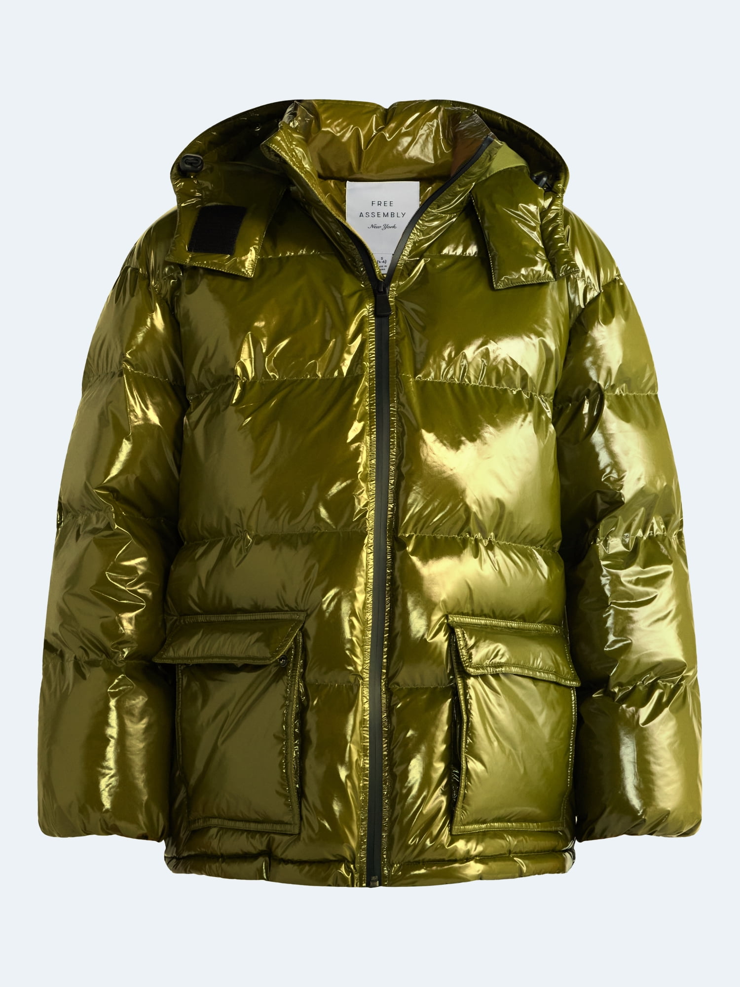 Free Assembly Women's High Gloss Puffer Parka Jacket with Hood, Sizes XXS-XXL