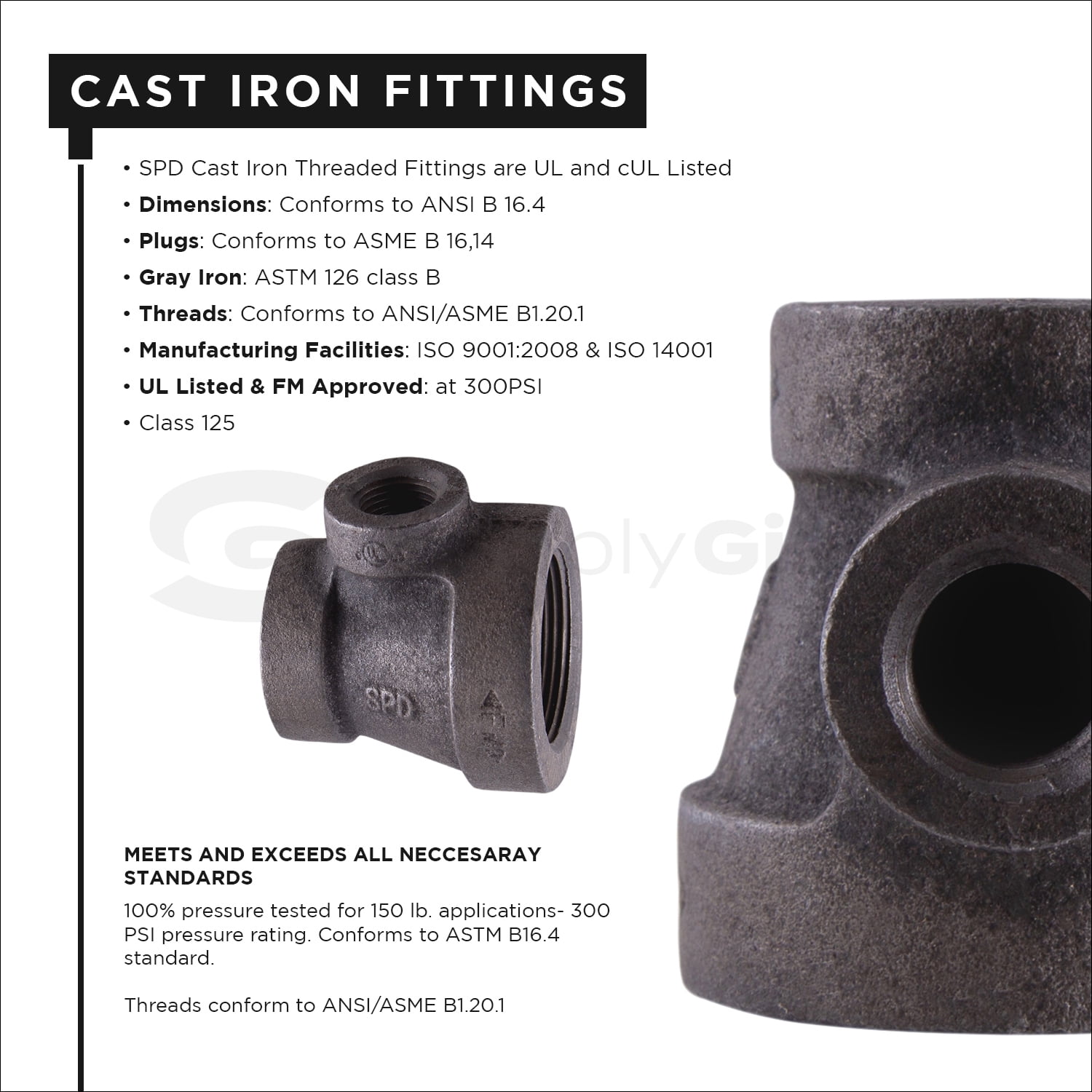 Supply Giant 1-1/4" x 1" x 3/4" BLack Pipe Fitting Reducing Tee Cast Iron