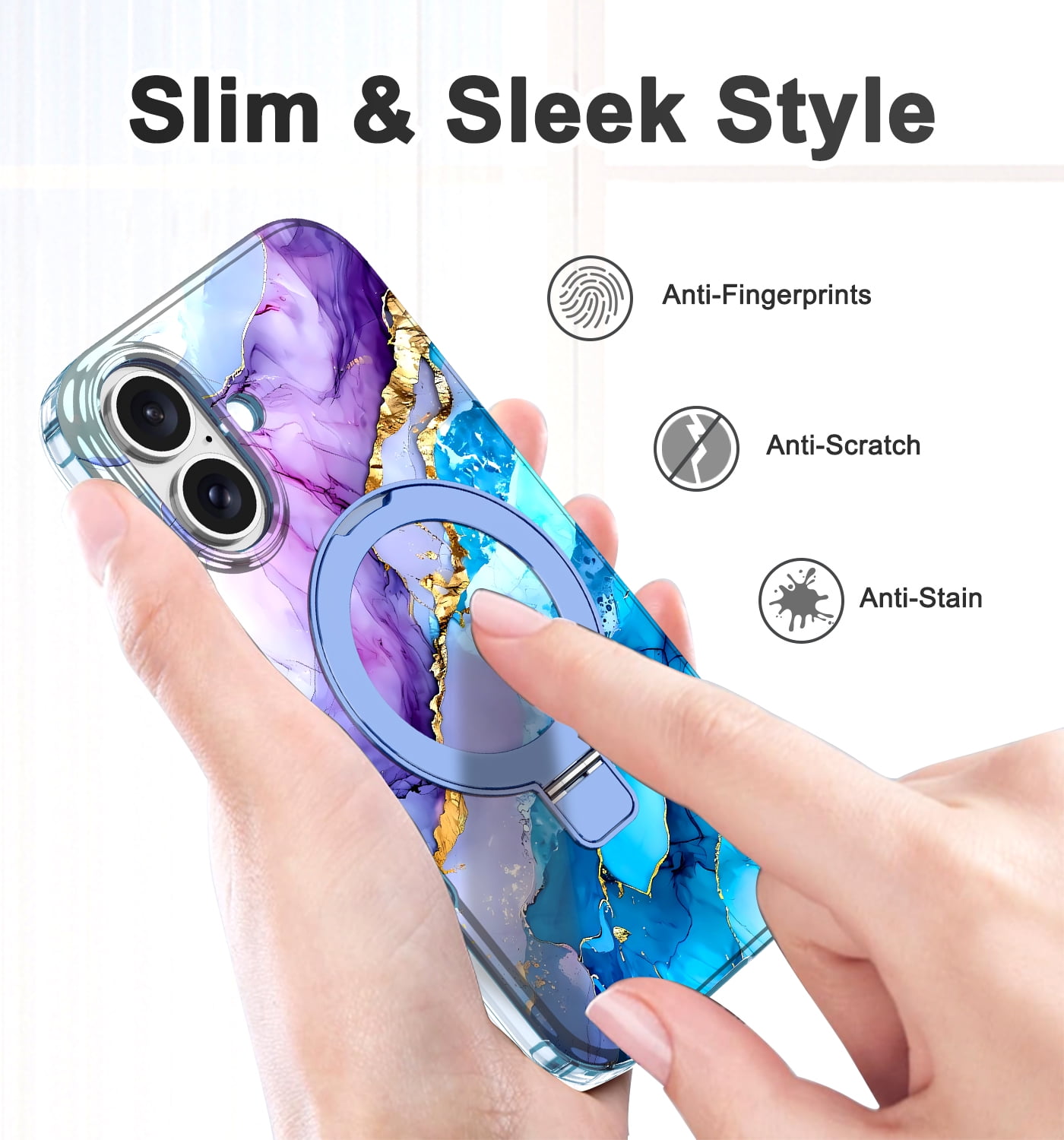 CASEFIV for iPhone 16 Plus Case,with Magnetic Invisible Ring Stand [Compatible with MagSafe],Full Body Rugged Slim Women Men Girl Shockproof Marble Pattern Design Case,Blue