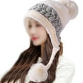 thumbnail image 4 of Gorro de lana con protección para los oídos y bola de tres pelos con bloqueo de color, todo fósforo para invierno, 4 of 5