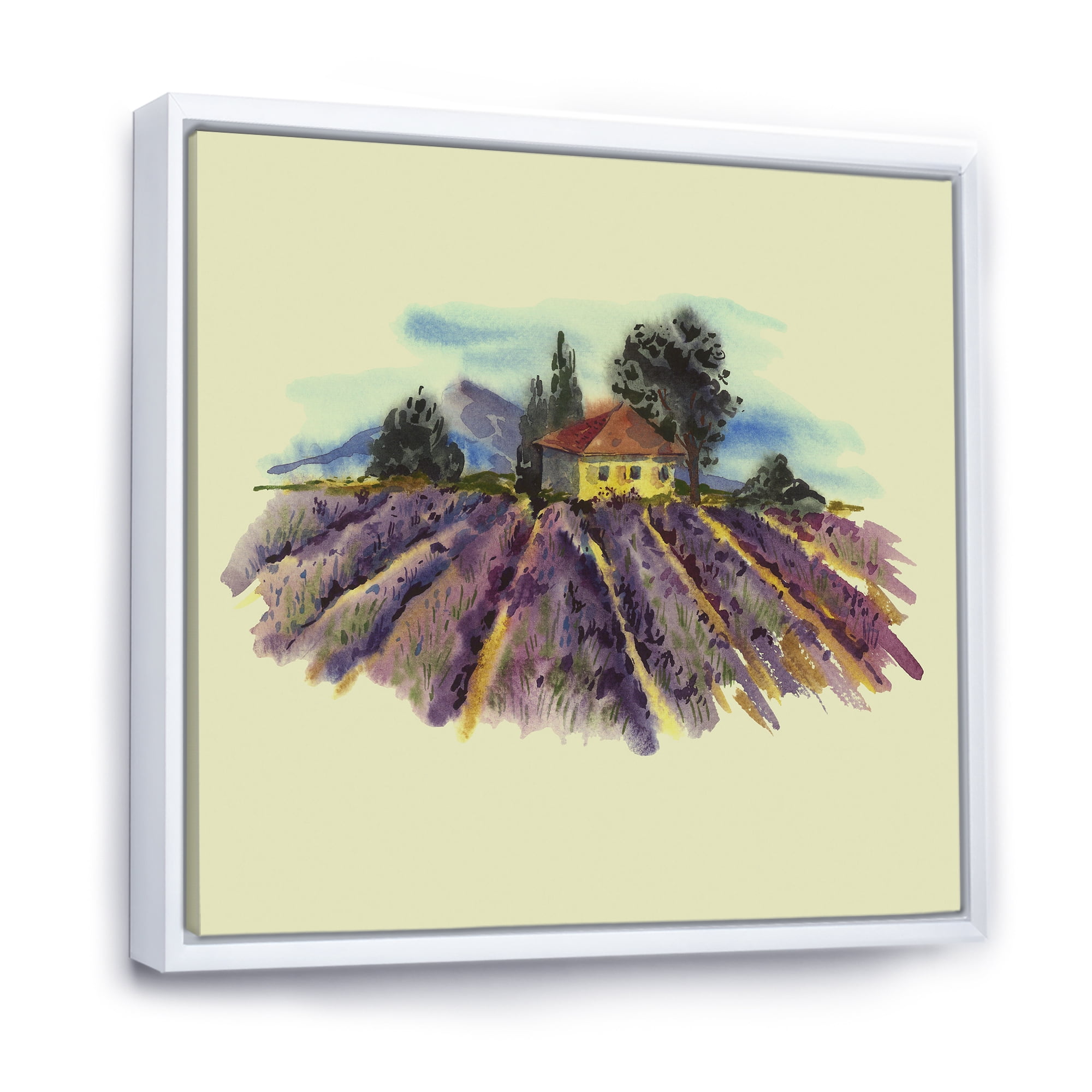 Designart 'Landscape With Blooming Lavender and Village House' Traditional Framed Canvas Wall Art Print