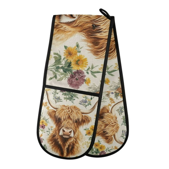 Yayeee Double Oven Mitt Kitchen Heat Resistant Baking 35" x7" Quilted Glove, Floral Cow