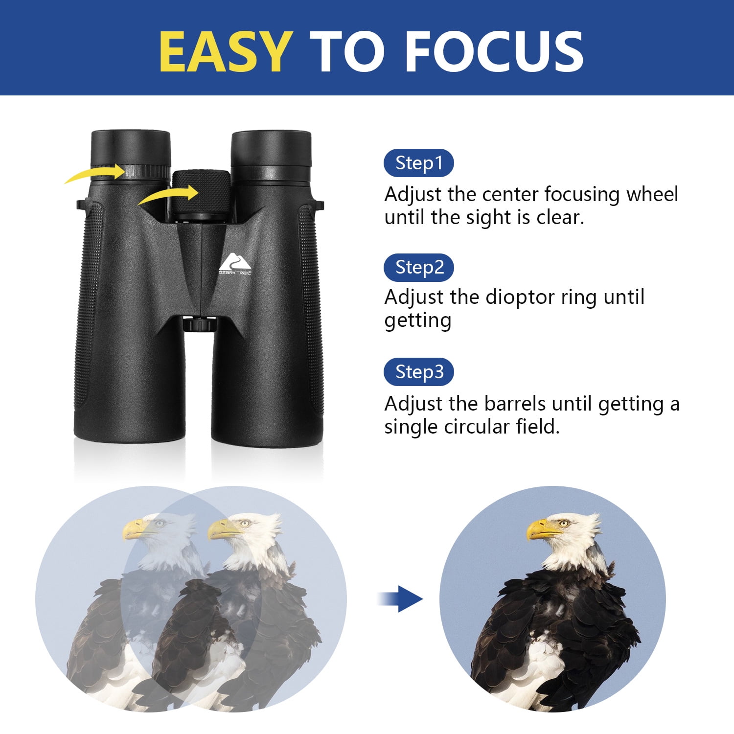 Ozark Trail 12x 50mm High Powered HD Large View Binoculars with Neck Strap, Carry Case & Clean Cloth, 1 Pack