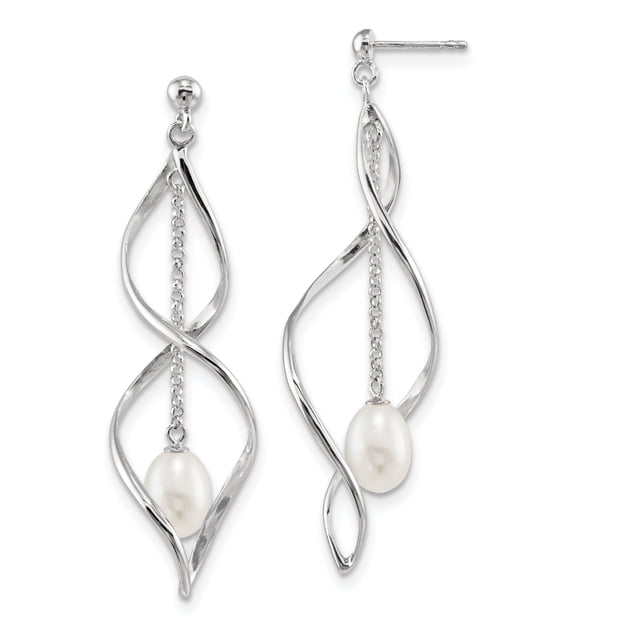 925 Sterling Silver 7 8mm White Rice Freshwater Cultured Pearl Post Drop Dangle Earrings