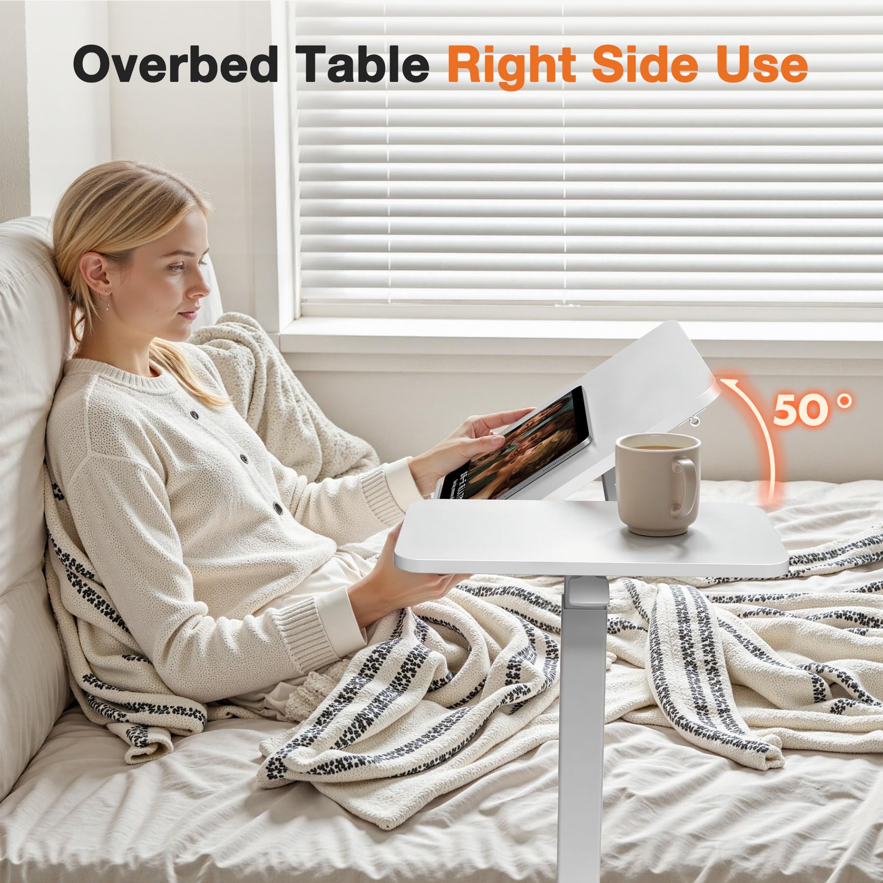HomePerch Overbed Table with Wheels, Height Adjustable Rolling Laptop Desk for Bed or Sofa, Tilting Tray Table for Home Office, White Finish