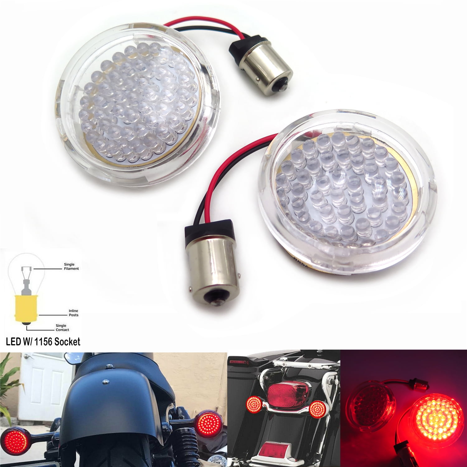 HTTMT LED Red 2" 1156 Bullet Style Turn Signal Light w/ Clear Lens