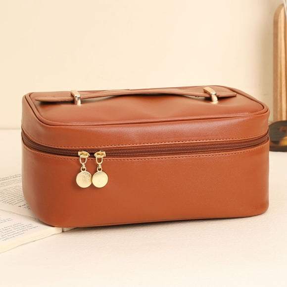 Xihbxyly Neceser de Viaje para Maquillaje, Organizador de Gran Capacidad, de Cuero con Ranuras para Brochas, Diseño de Doble Capa, Portátil, Ideal para Viajes, Regalo para Mujer, 24 X 17 X 11 Cm