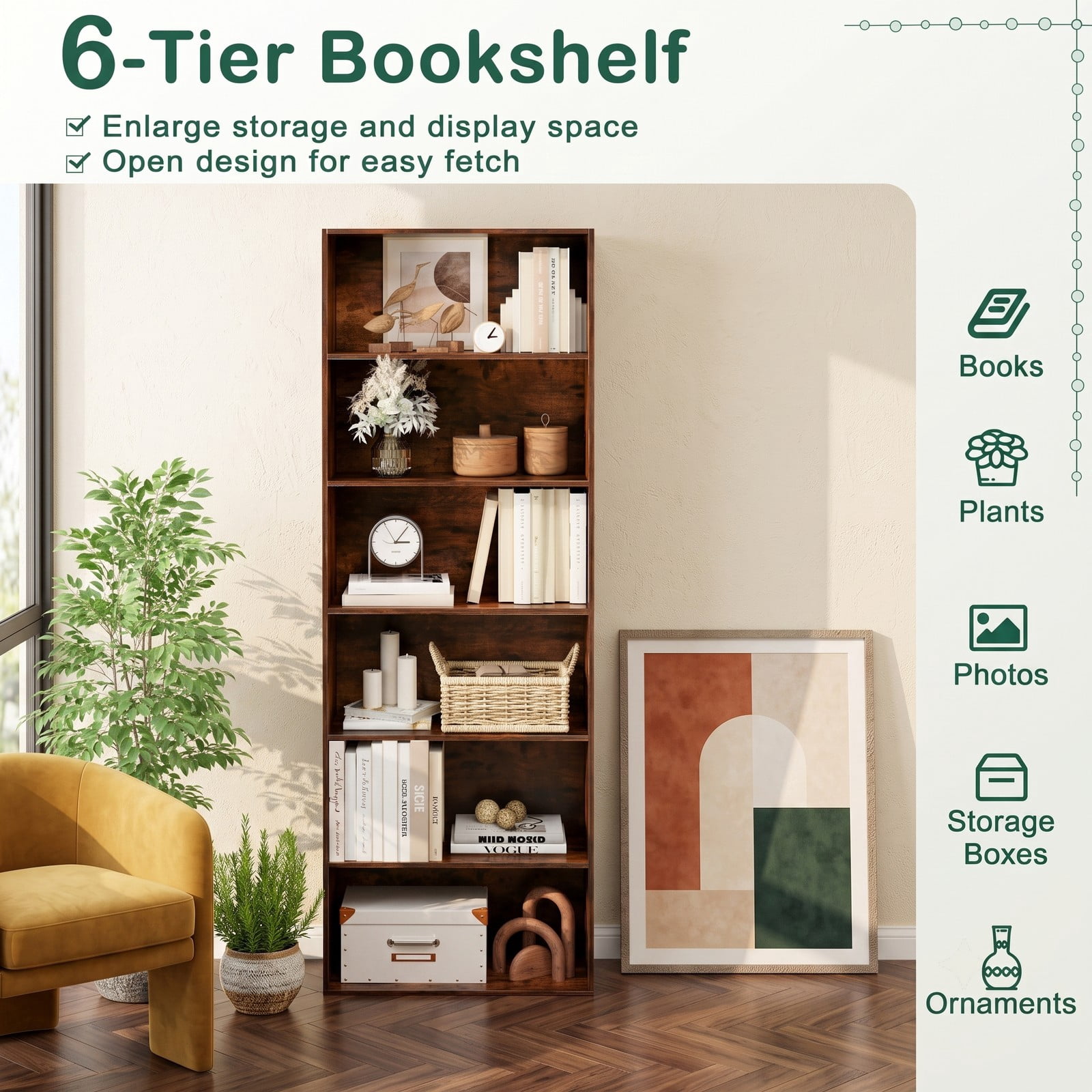 Furnibear 6-Tier Tall Bookcase with 6 Open Shelves, Freestanding Wood Bookshelf Storage Organizer with Anti-Toppling Kits for Living Room Study Home, Rustic Brown