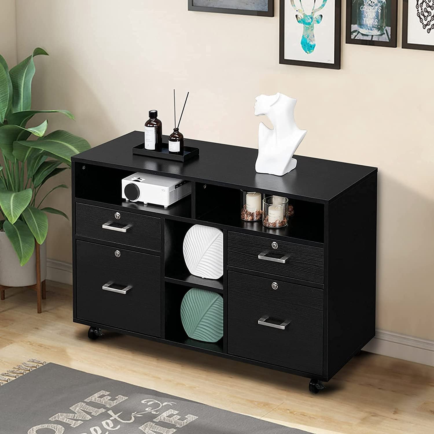 VINGLI Rolling 4-Drawer File Cabinet with Lock and Shelves, Wood Lateral Filling Printer Stand for Home Office, Black