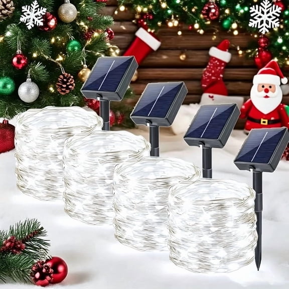 4 packs of orange solar fairy lights, each containing string lights. 8 selectable modes and IP65 waterproof rating. Ideal for Christmas garden decorations, themed party setups, and tree adornments.