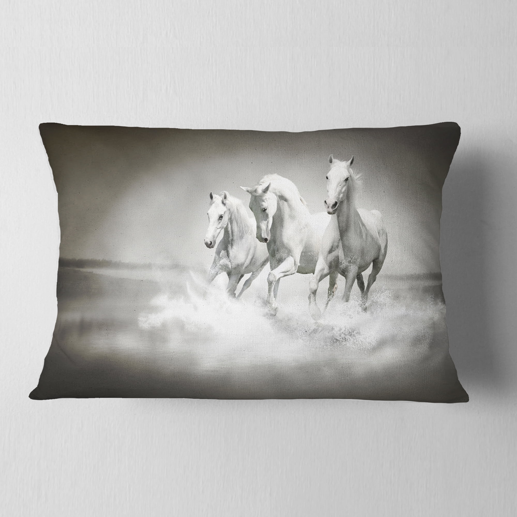 Designart Horses Running Through Water - Animal Throw Pillow - 12x20