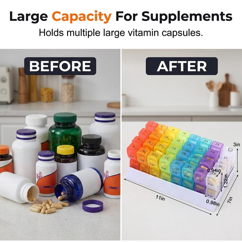 Monthly Pill Organizer 31 Day, 2026 Upgraded Large Portable Travel Pill Box, 30 Day Pill Case Small Compartments to Hold Vitamin and Travel Medicine Organizer, Daily Pill Case