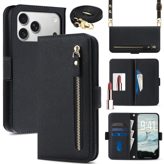 Corliven for iPhone 17 Pro Max Case PU Leather Flip Wallet Cover with Card Slots Mirror and Shoulder Strap, Black