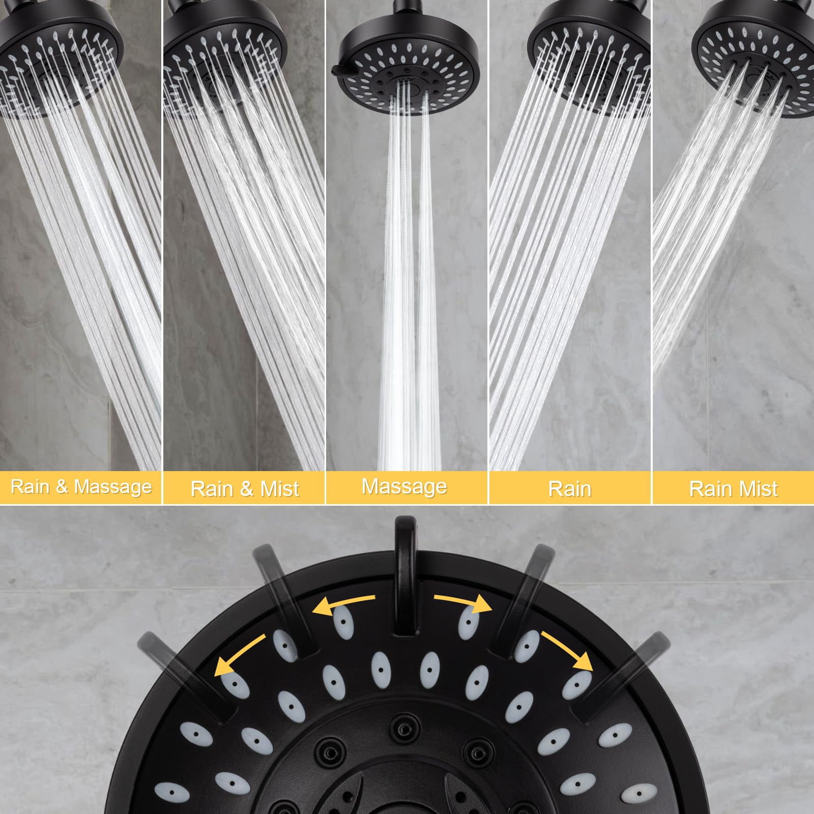 Shower Head High Pressure Rain Fixed Showerhead 5-Setting with Adjustable Metal Swivel Ball Joint - Relaxed Shower Experience Even at Low Water Flow & Pressure