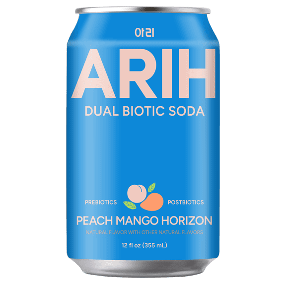 ARIH Dual Biotic Soda, Functional Prebiotic and Postbiotic Soda, Low Sugar, Peach Mango Horizon, 12 fl oz