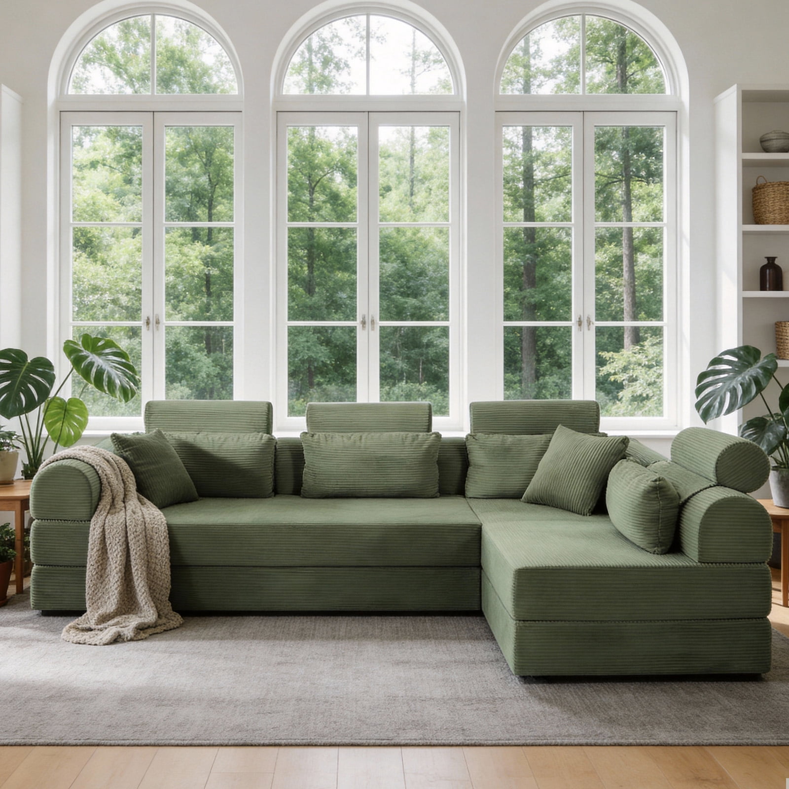 L-Shaped Sectional Sofa Converts to Bed, Corduroy Chaise Lounge with 28D High-Density Foam, No Assembly Compressed Couch for Apartments and Studios, Grayish Green