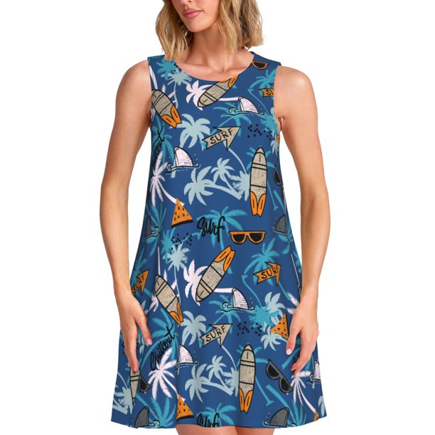 Fotbe Hawaiian Style Vestido de Verano sin Mangas para Mujer – Vestido Midi Línea A, Estilo Camiseta Floral, Vestido Playero Casual y Fluido
