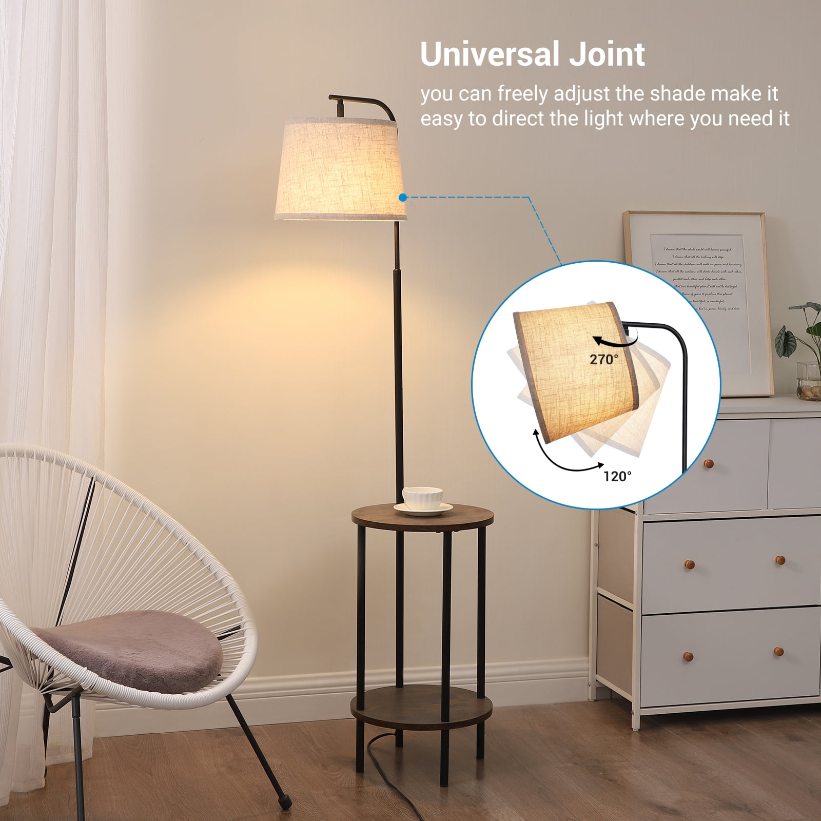 DEWENWILS Floor Lamp with Table for Living Room, 62in Rustic Farmhouse Wooden Floor Lamps, Attached End Table with Lamp for Bedroom, Office, Read Lighting, Home Decor, Brown