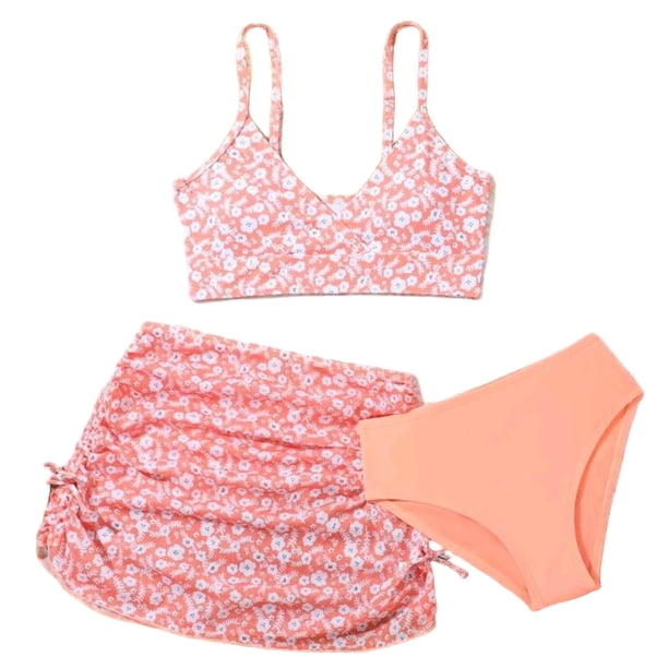 Odeerbi Conjunto de Traje de Baño de 3 Piezas Para Niñas de 6-14 Años Conjunto de Bikini de Impresión Floral de Verano Con Cubiertas de Sarong Traje de Baño Lindo