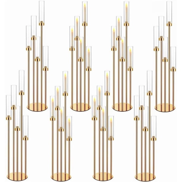 Portavelas Dorados de 42.5 Pulgadas para Centro de Mesa, Candelabros, Decoración de Mesa, 5 Brazos, Juego de 8 Pantallas Acrílicas para Velas LED de 0.9 Pulgadas
