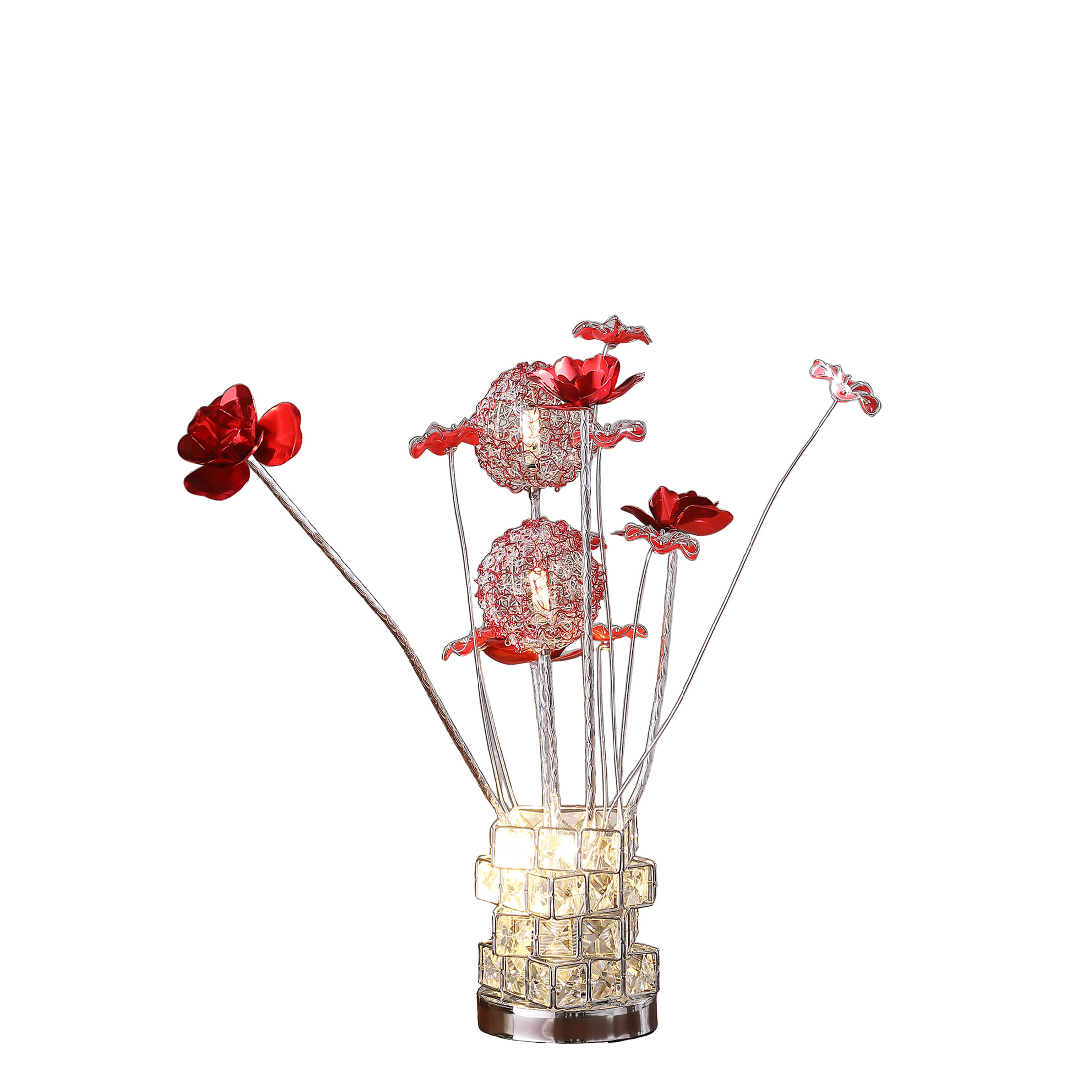 Noble House 20.75" Floral LED Table Lamp, Aluminum & Acrylic Red Roses, G4 Light Bulbs, Chrome Vase, Multicolor