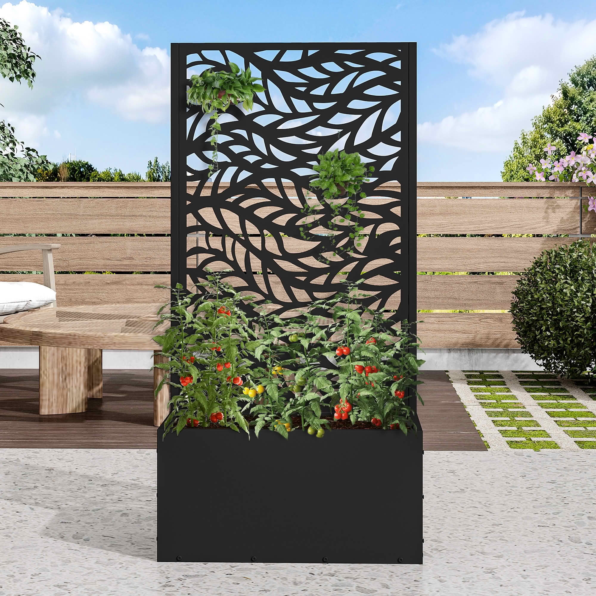 MAYEERTY 47x24x12 Inch Black Metal Planter Box with Trellis for Outdoor Garden & Patio